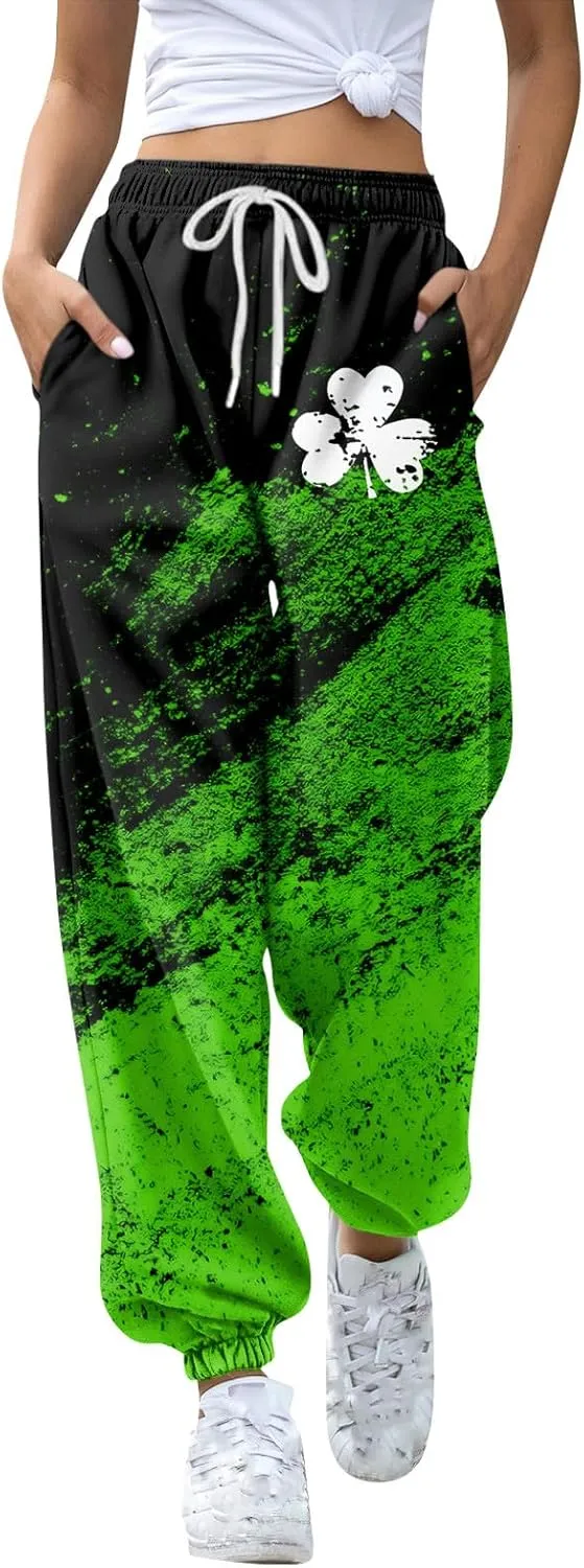 St. Patrick's Day Women Sweatpants Elastic Waist Scottish Loose Clover Breathable Printed Lounge Pants with Pockets
