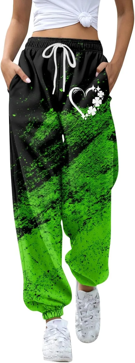 St. Patrick's Day Women Sweatpants Elastic Waist Scottish Loose Clover Breathable Printed Lounge Pants with Pockets