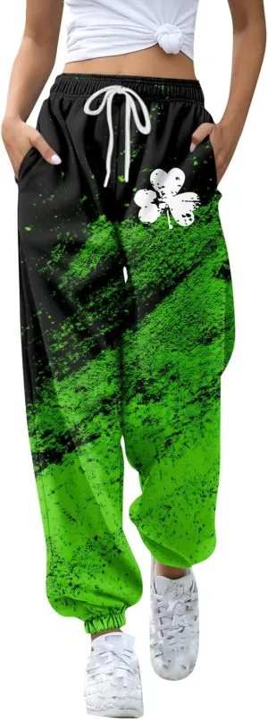 St. Patrick's Day Women Sweatpants Elastic Waist Scottish Loose Clover Breathable Printed Lounge Pants with Pockets