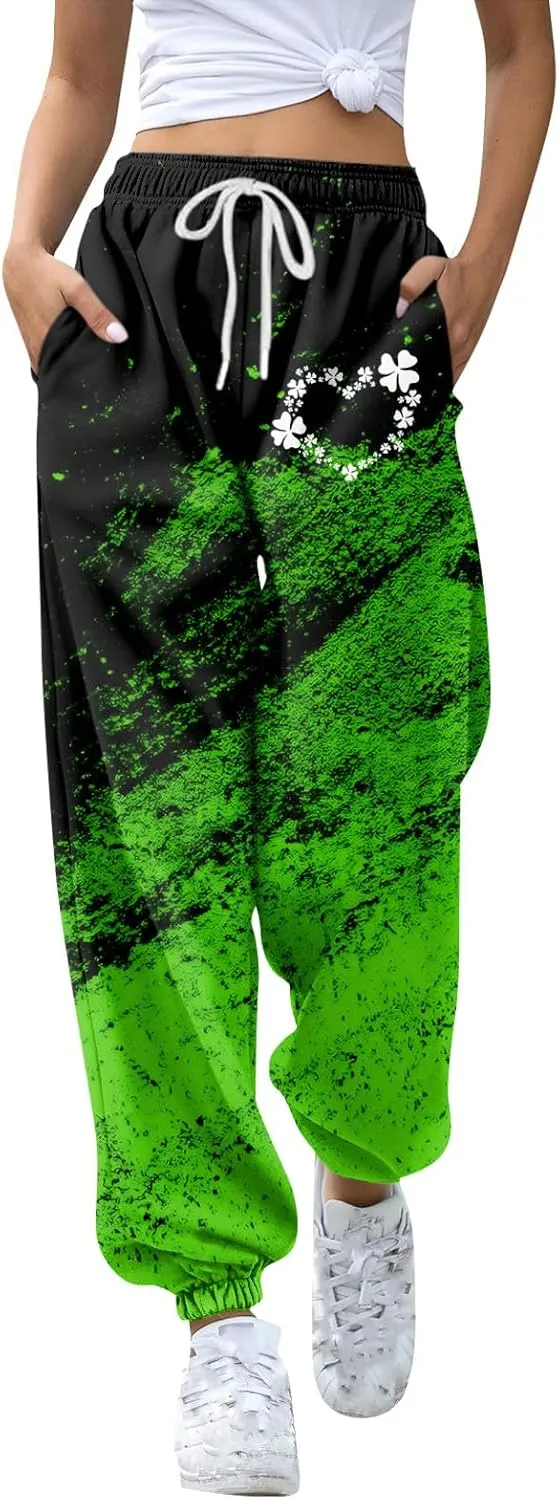 St. Patrick's Day Women Sweatpants Elastic Waist Scottish Loose Clover Breathable Printed Lounge Pants with Pockets