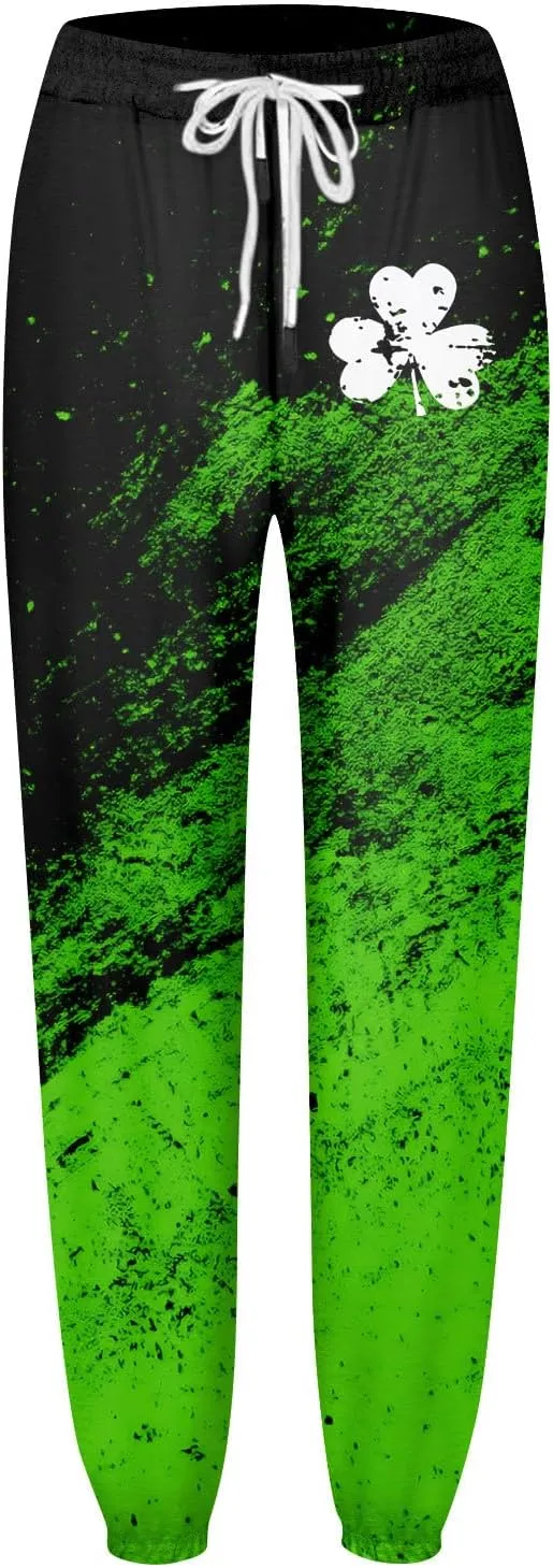 St. Patrick's Day Women Sweatpants Elastic Waist Scottish Loose Clover Breathable Printed Lounge Pants with Pockets