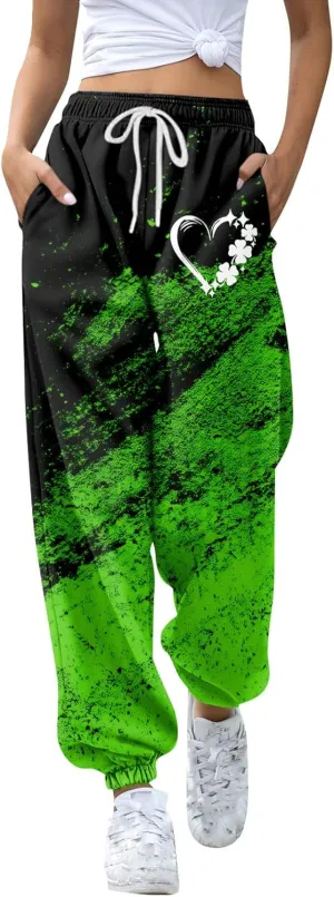 St. Patrick's Day Women Sweatpants Elastic Waist Scottish Loose Clover Breathable Printed Lounge Pants with Pockets
