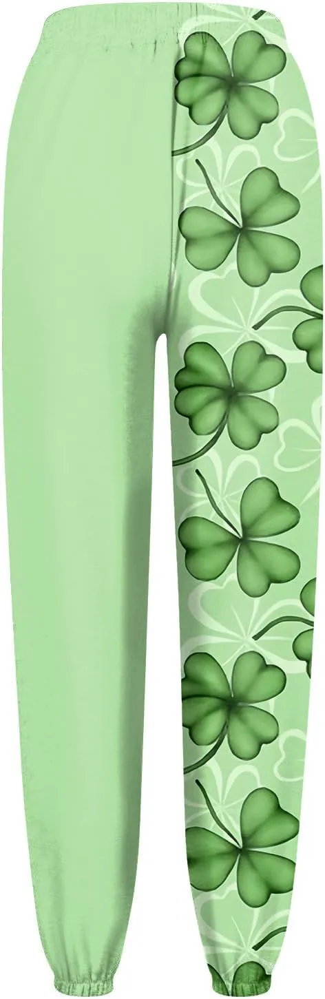 St Pattys Day Sweatpants Women Breathable Shamrock Clover Sport Lounge Printed Loose Pants with Pockets