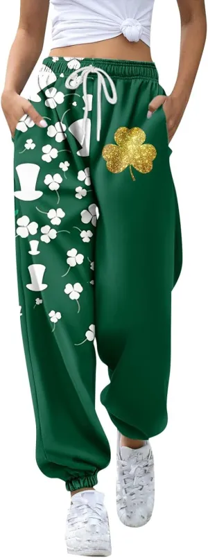 St Pattys Day Sweatpants Women Breathable Shamrock Clover Sport Lounge Printed Loose Pants with Pockets