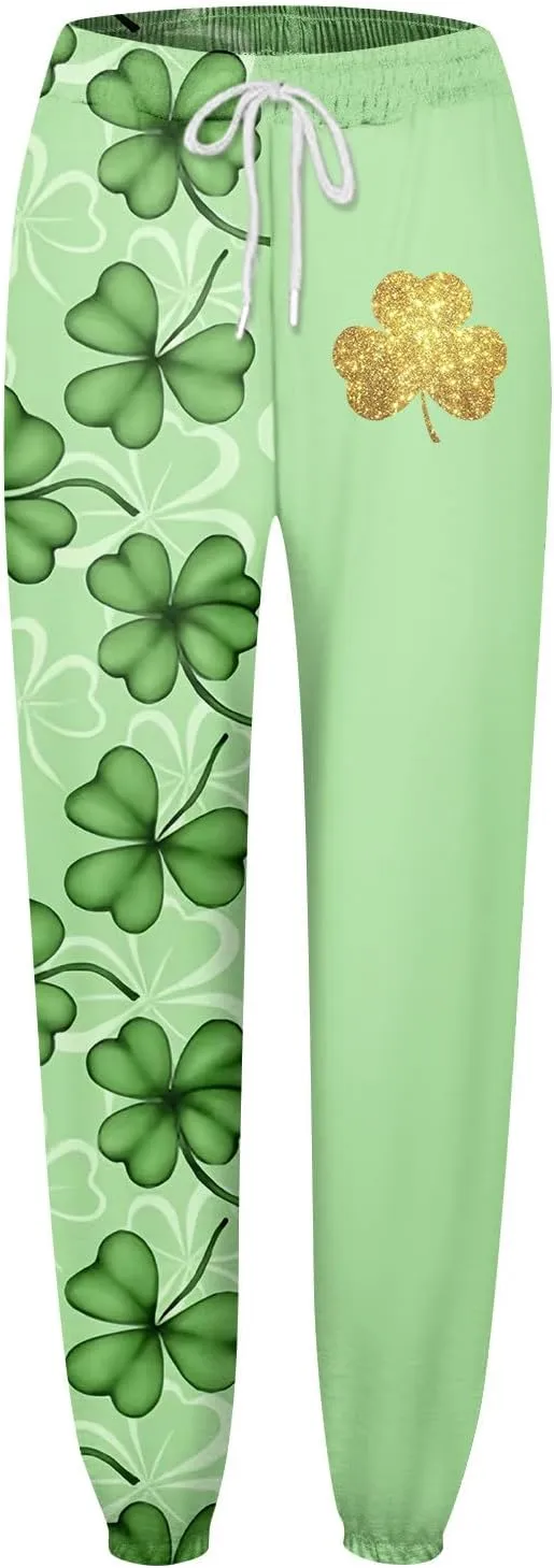 St Pattys Day Sweatpants Women Breathable Shamrock Clover Sport Lounge Printed Loose Pants with Pockets