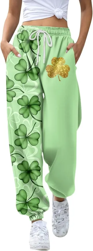St Pattys Day Sweatpants Women Breathable Shamrock Clover Sport Lounge Printed Loose Pants with Pockets