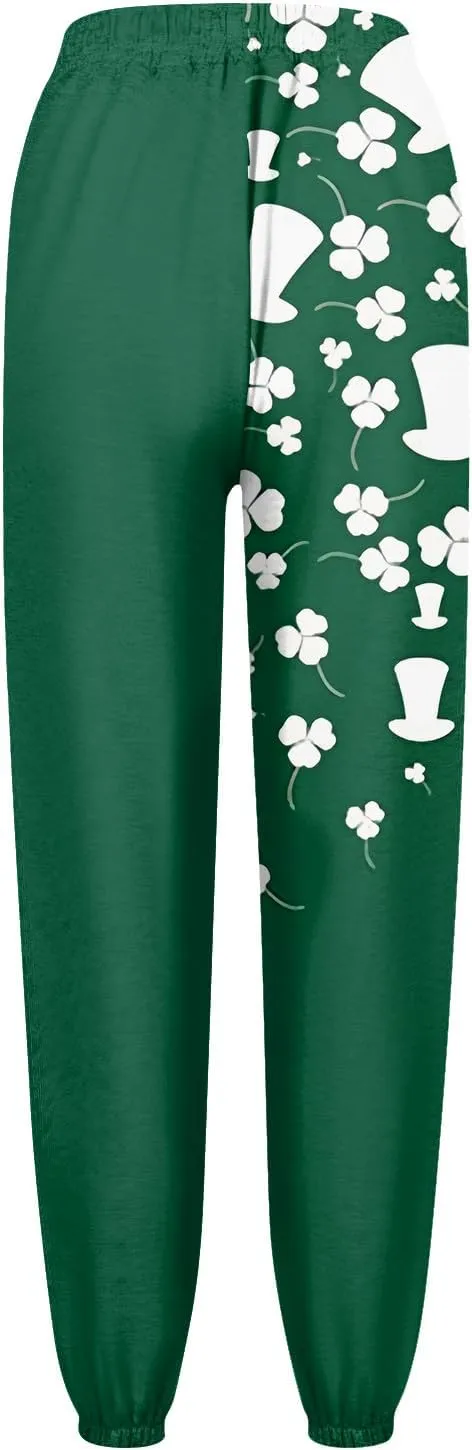 St Pattys Day Sweatpants Women Breathable Shamrock Clover Sport Lounge Printed Loose Pants with Pockets