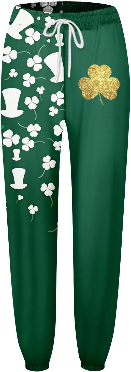 St Pattys Day Sweatpants Women Breathable Shamrock Clover Sport Lounge Printed Loose Pants with Pockets