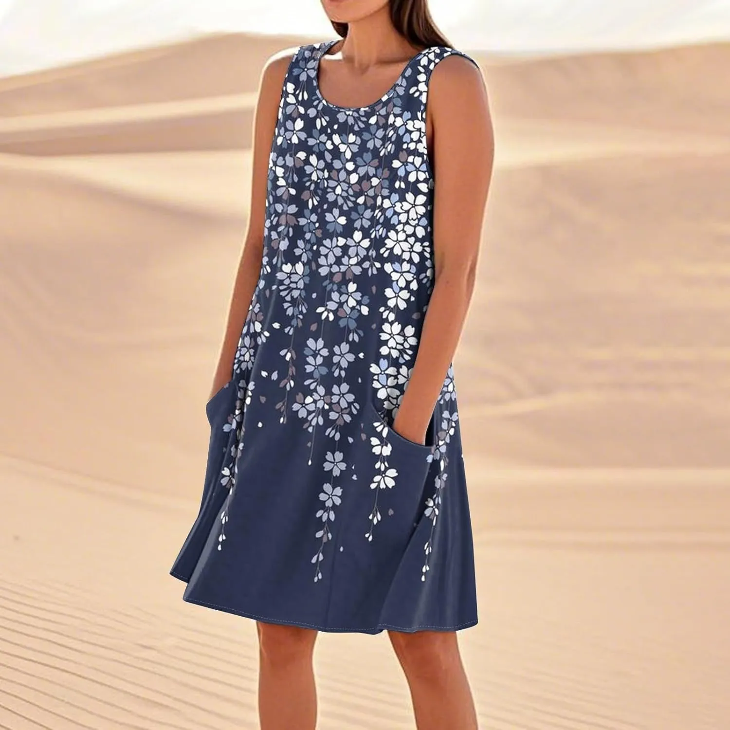 Summer Linen Dresses for Women 2025 Trendy Sleeveless Crew Neck Outfit Beach Travel Vacation Dress Casual Fit Midi