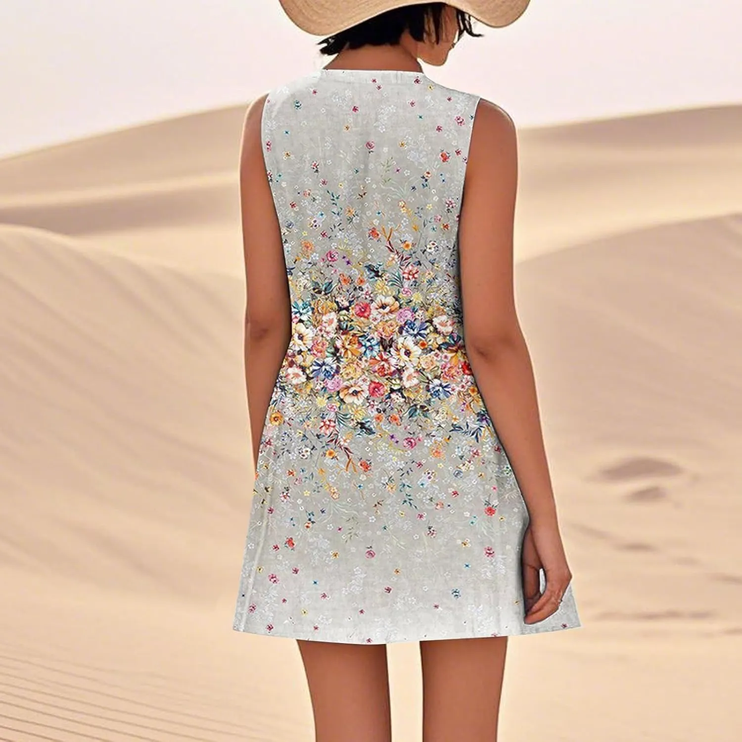 Summer Linen Dresses for Women 2025 Trendy Sleeveless Crew Neck Outfit Beach Travel Vacation Dress Casual Fit Midi