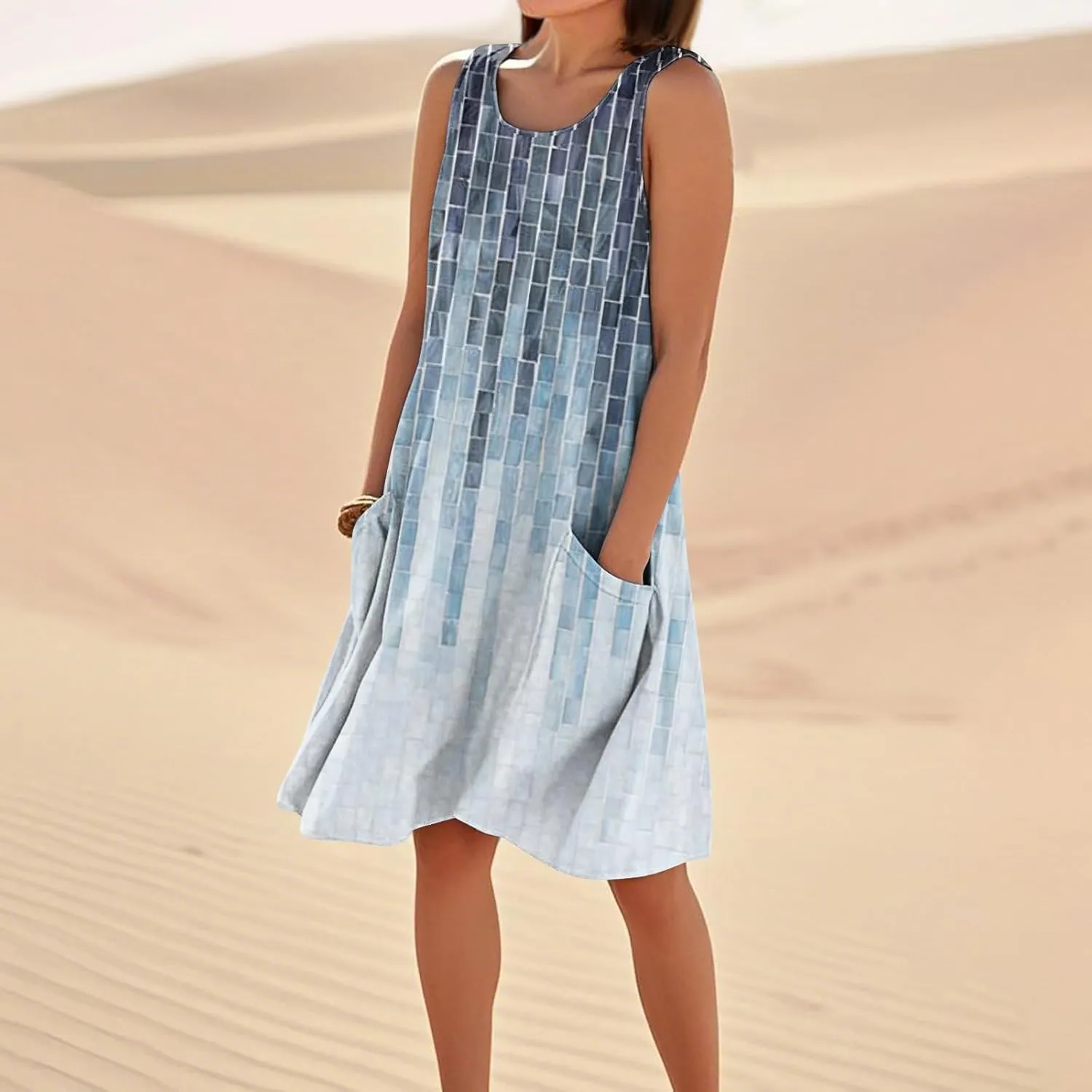 Summer Linen Dresses for Women 2025 Trendy Sleeveless Crew Neck Outfit Beach Travel Vacation Dress Casual Fit Midi