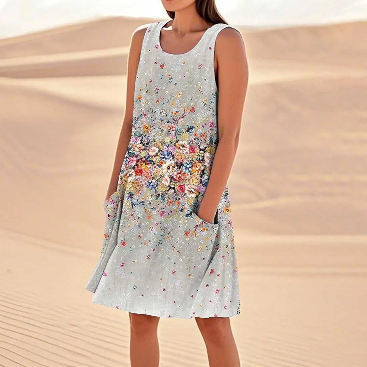 Summer Linen Dresses for Women 2025 Trendy Sleeveless Crew Neck Outfit Beach Travel Vacation Dress Casual Fit Midi