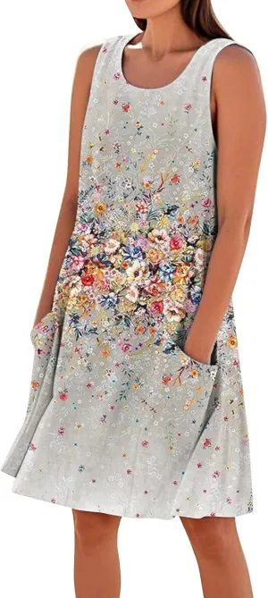 Summer Linen Dresses for Women 2025 Trendy Sleeveless Crew Neck Outfit Beach Travel Vacation Dress Casual Fit Midi