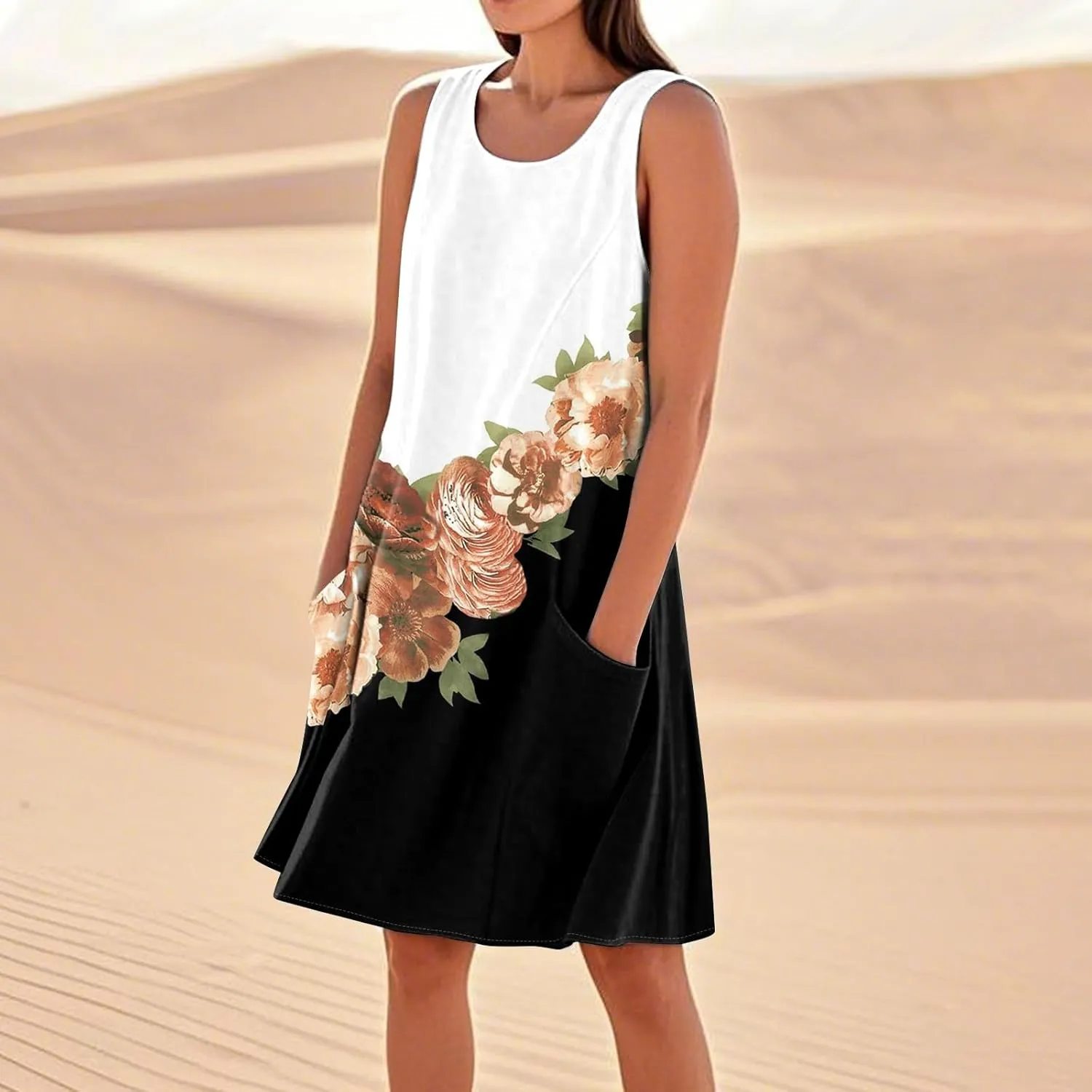 Summer Linen Dresses for Women 2025 Trendy Sleeveless Crew Neck Outfit Beach Travel Vacation Dress Casual Fit Midi