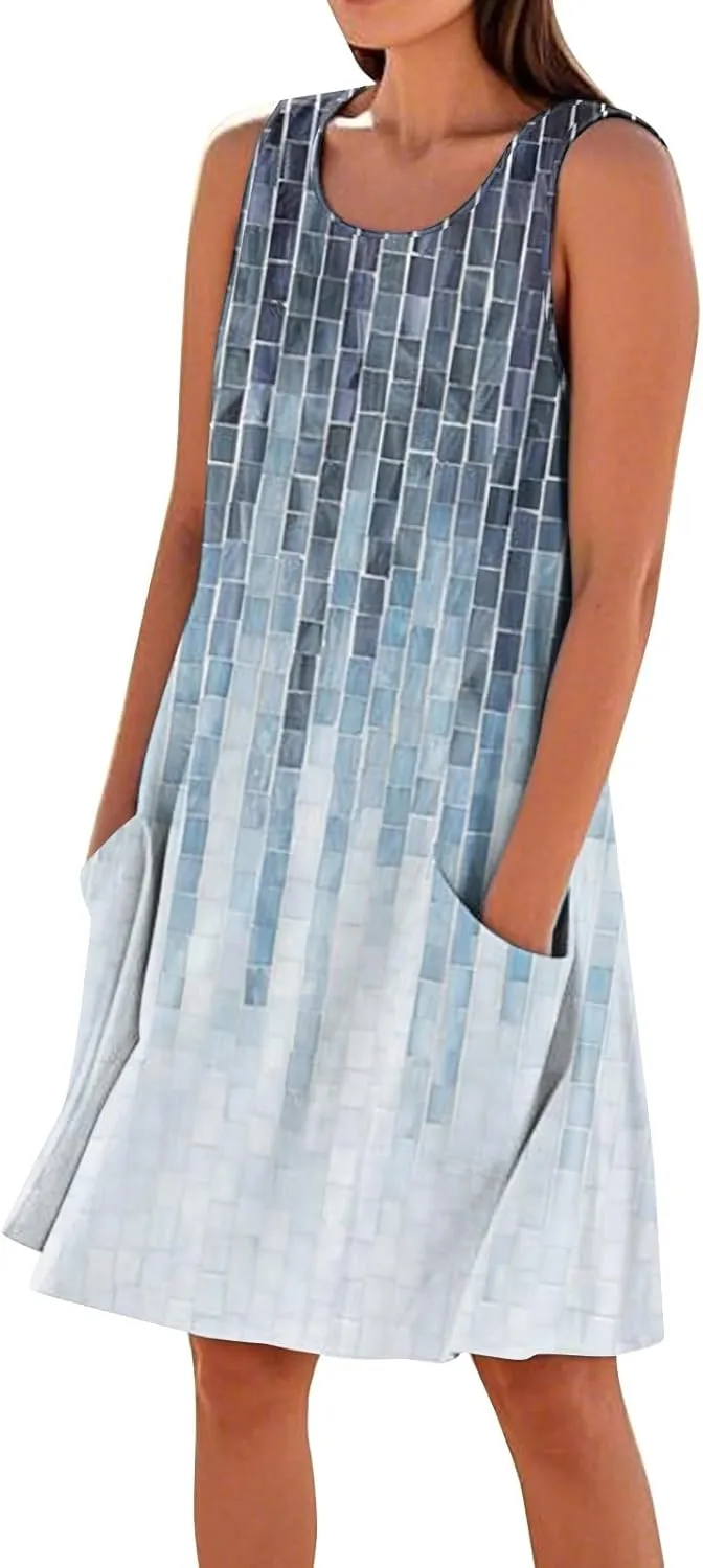 Summer Linen Dresses for Women 2025 Trendy Sleeveless Crew Neck Outfit Beach Travel Vacation Dress Casual Fit Midi
