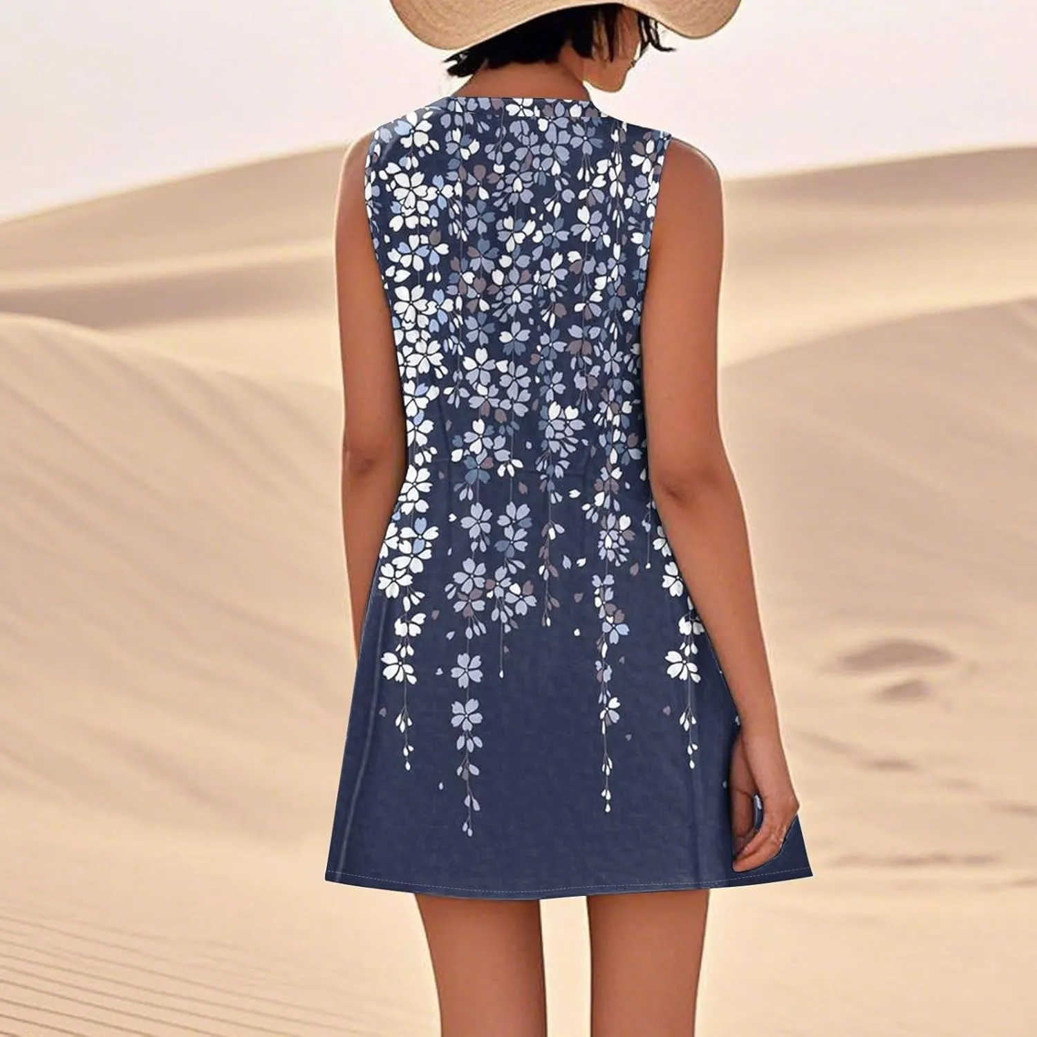 Summer Linen Dresses for Women 2025 Trendy Sleeveless Crew Neck Outfit Beach Travel Vacation Dress Casual Fit Midi