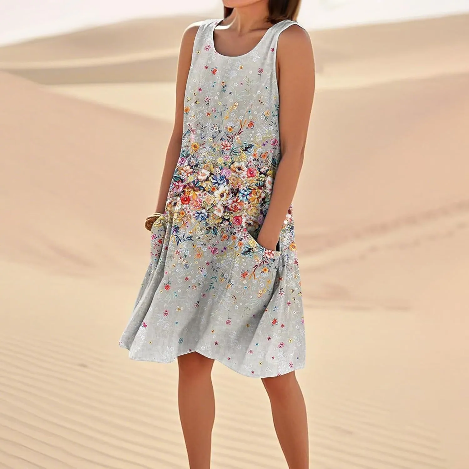 Summer Linen Dresses for Women 2025 Trendy Sleeveless Crew Neck Outfit Beach Travel Vacation Dress Casual Fit Midi