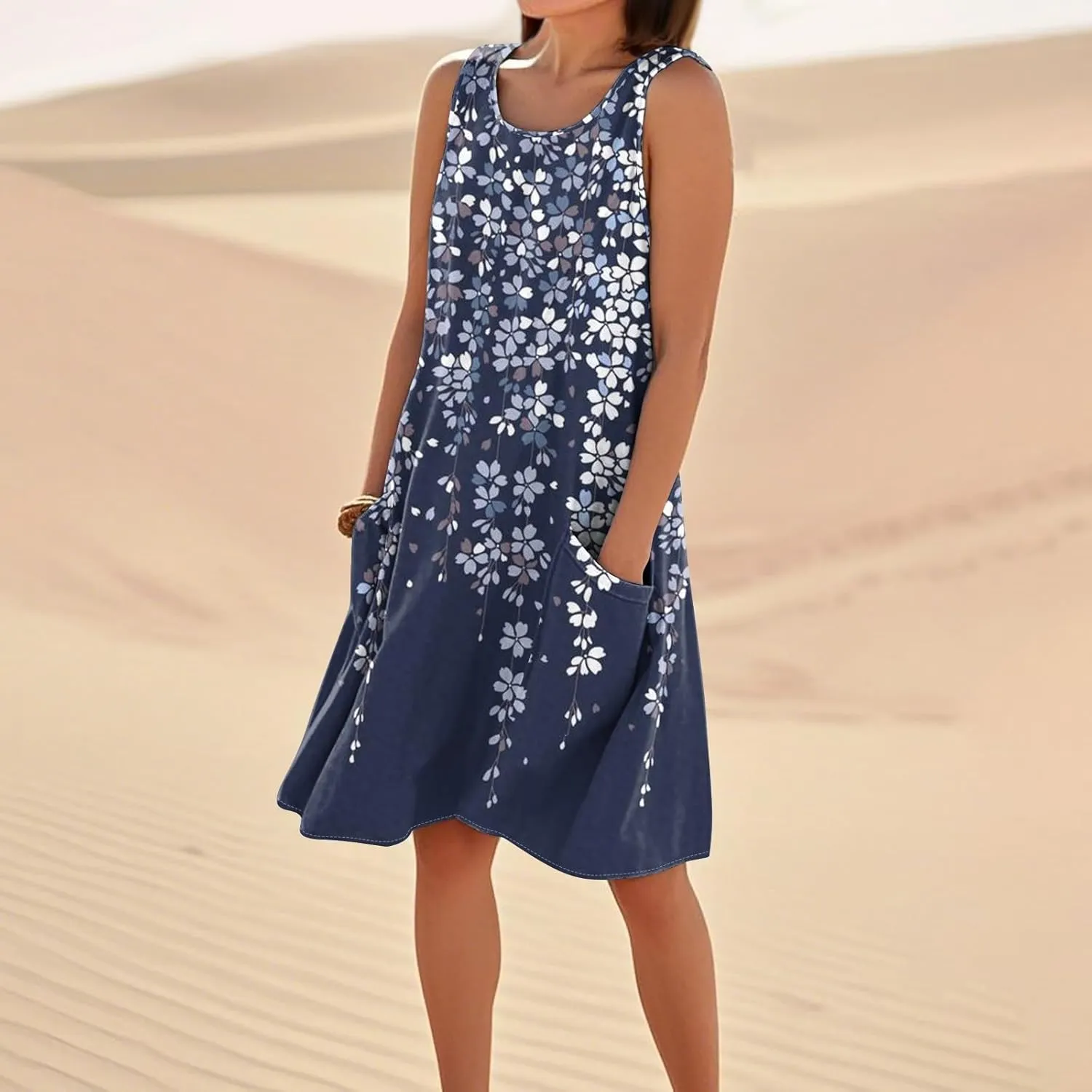 Summer Linen Dresses for Women 2025 Trendy Sleeveless Crew Neck Outfit Beach Travel Vacation Dress Casual Fit Midi