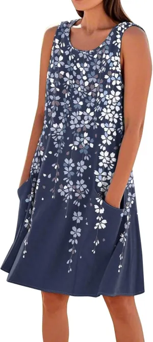 Summer Linen Dresses for Women 2025 Trendy Sleeveless Crew Neck Outfit Beach Travel Vacation Dress Casual Fit Midi