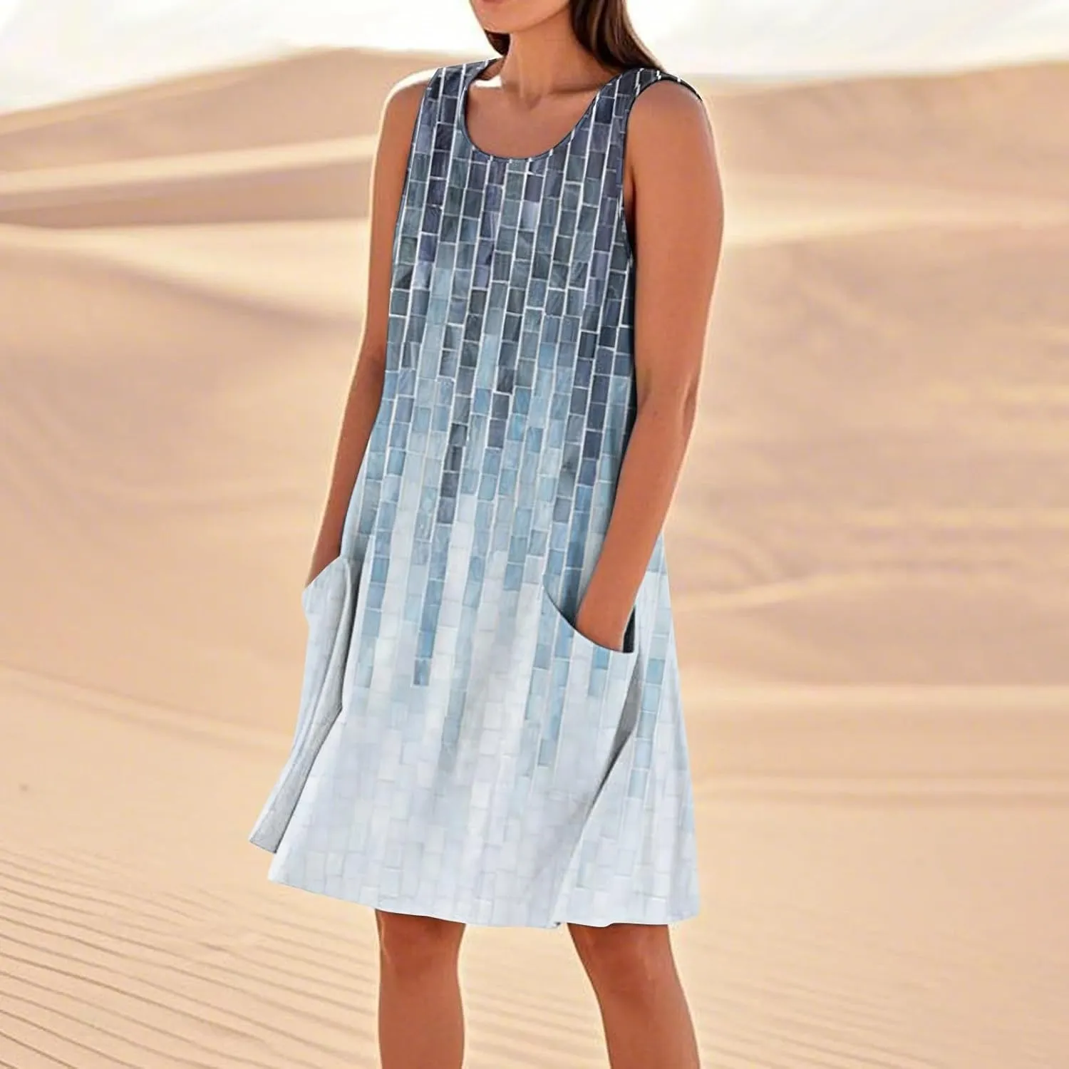 Summer Linen Dresses for Women 2025 Trendy Sleeveless Crew Neck Outfit Beach Travel Vacation Dress Casual Fit Midi