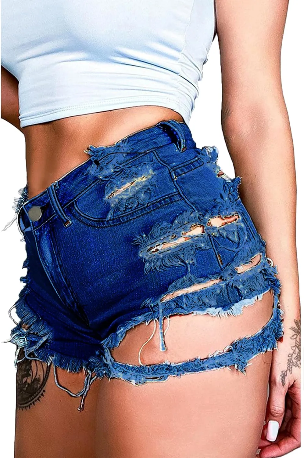 Susupeng Women Summer Irregular Waist Jean Shorts with Pockets Frayed Ripped Holes Cute Sexy Hot Mini Denim Shorts