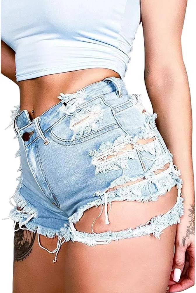 Susupeng Women Summer Irregular Waist Jean Shorts with Pockets Frayed Ripped Holes Cute Sexy Hot Mini Denim Shorts
