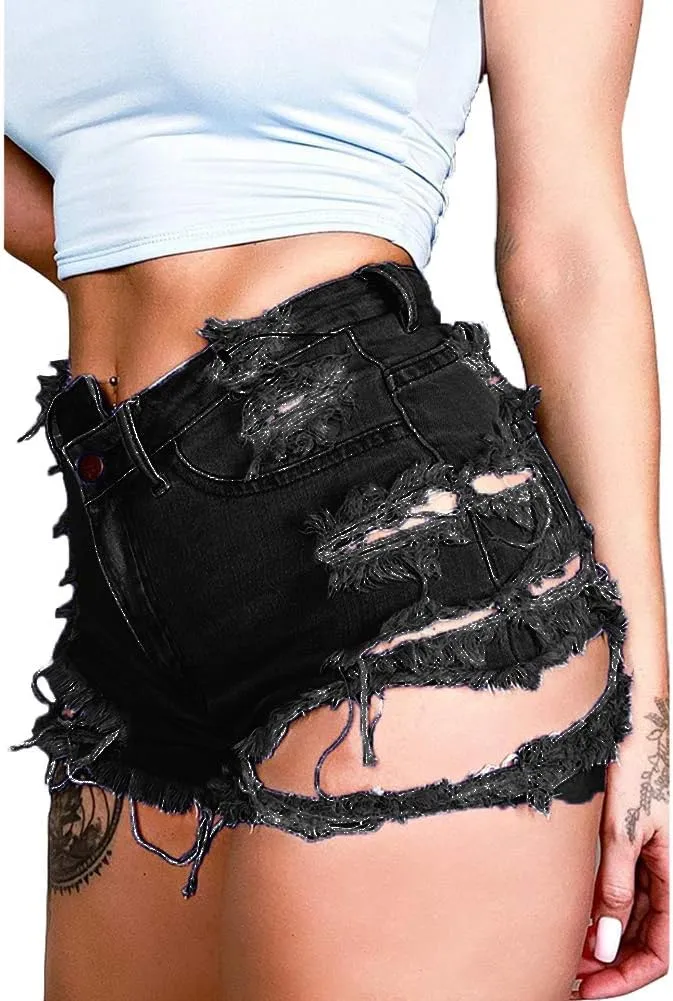 Susupeng Women Summer Irregular Waist Jean Shorts with Pockets Frayed Ripped Holes Cute Sexy Hot Mini Denim Shorts