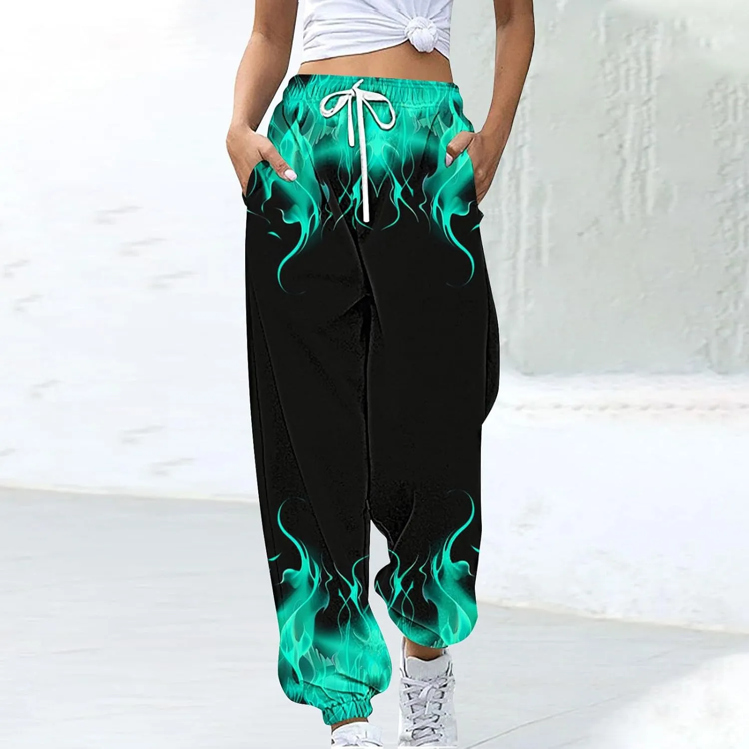 Sweatpants for Women Novelty Flame Printed Drawstring Waisted Cinch Bottom Joggers Baggy Lounge Pants with Pockets