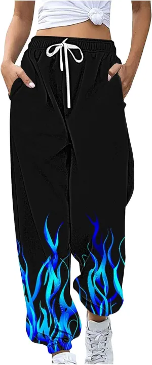Sweatpants for Women Novelty Flame Printed Drawstring Waisted Cinch Bottom Joggers Baggy Lounge Pants with Pockets
