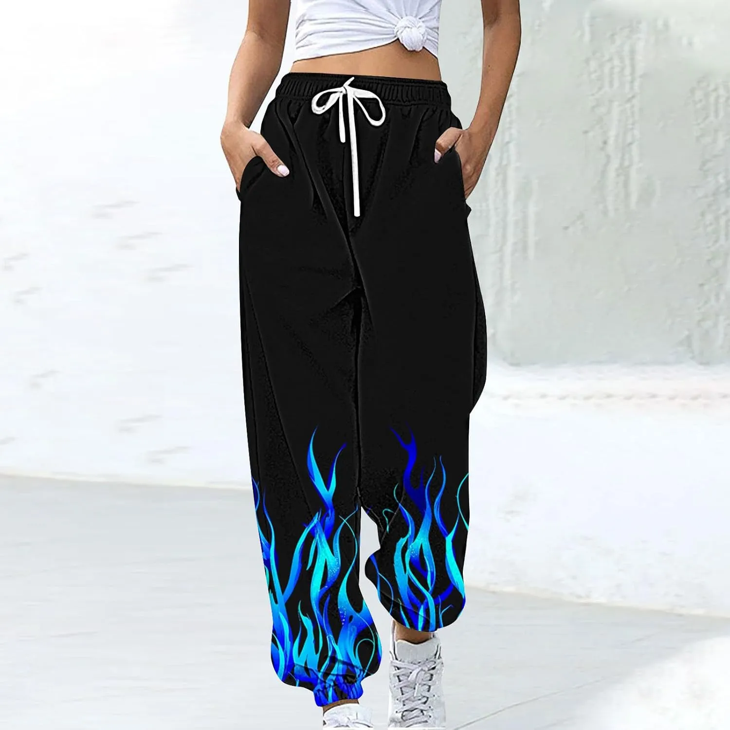 Sweatpants for Women Novelty Flame Printed Drawstring Waisted Cinch Bottom Joggers Baggy Lounge Pants with Pockets