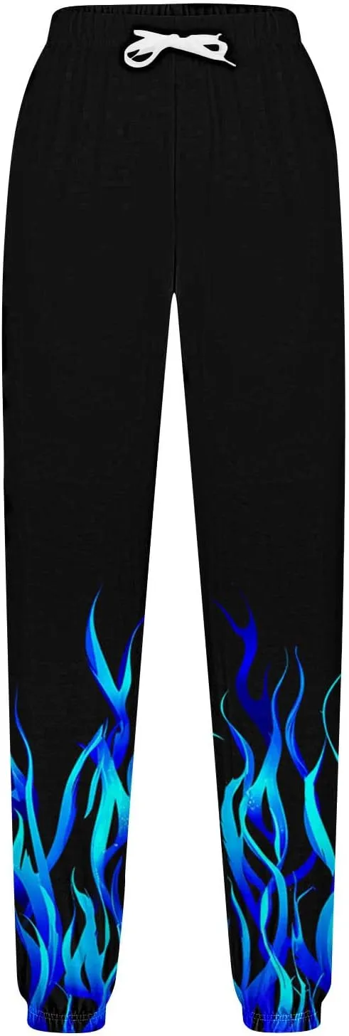 Sweatpants for Women Novelty Flame Printed Drawstring Waisted Cinch Bottom Joggers Baggy Lounge Pants with Pockets