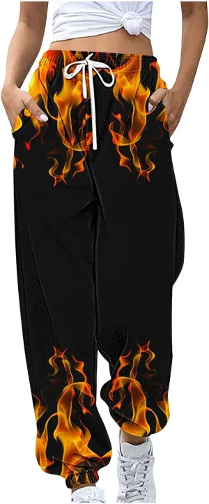 Sweatpants for Women Novelty Flame Printed Drawstring Waisted Cinch Bottom Joggers Baggy Lounge Pants with Pockets