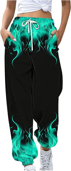 Sweatpants for Women Novelty Flame Printed Drawstring Waisted Cinch Bottom Joggers Baggy Lounge Pants with Pockets