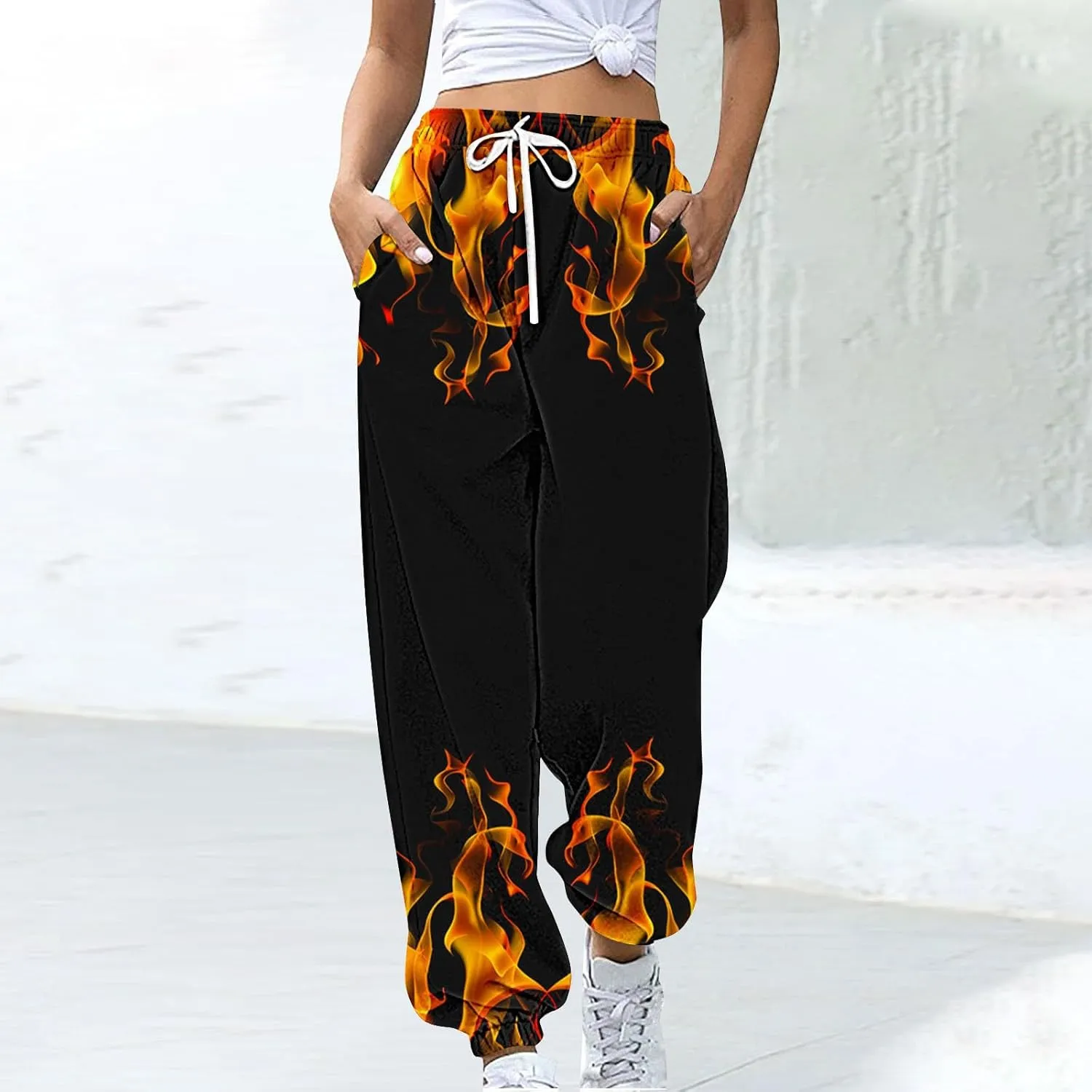 Sweatpants for Women Novelty Flame Printed Drawstring Waisted Cinch Bottom Joggers Baggy Lounge Pants with Pockets