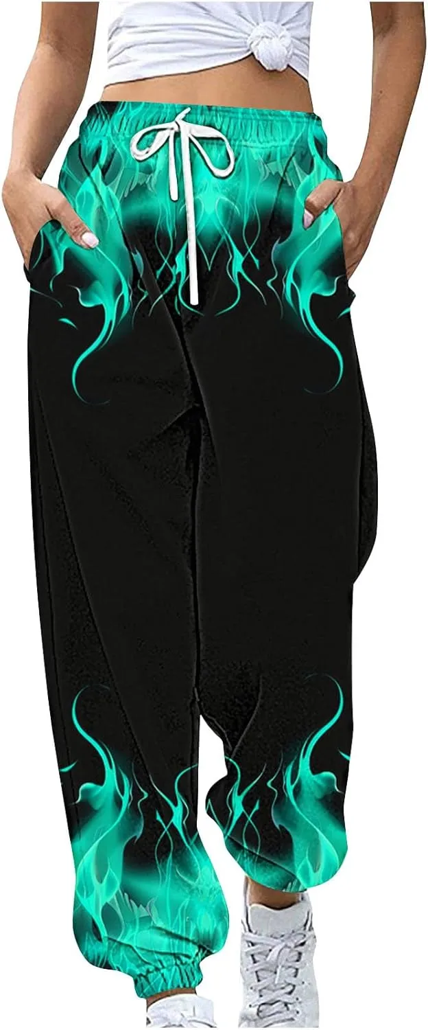 Sweatpants for Women Novelty Flame Printed Drawstring Waisted Cinch Bottom Joggers Baggy Lounge Pants with Pockets