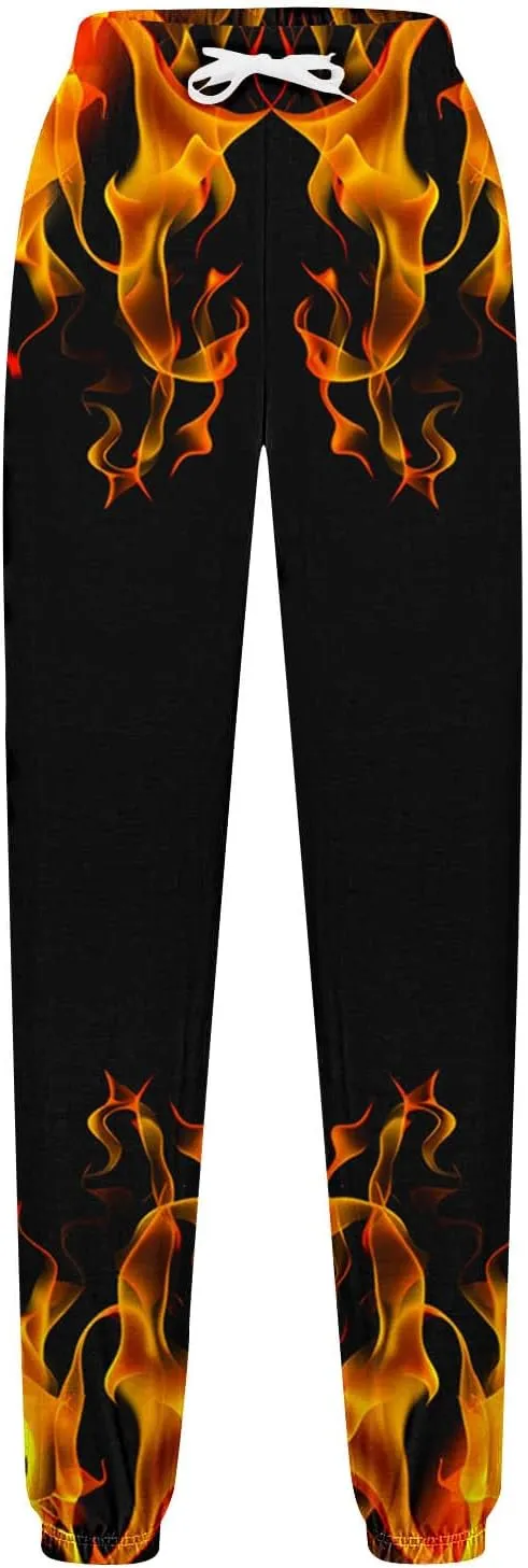 Sweatpants for Women Novelty Flame Printed Drawstring Waisted Cinch Bottom Joggers Baggy Lounge Pants with Pockets