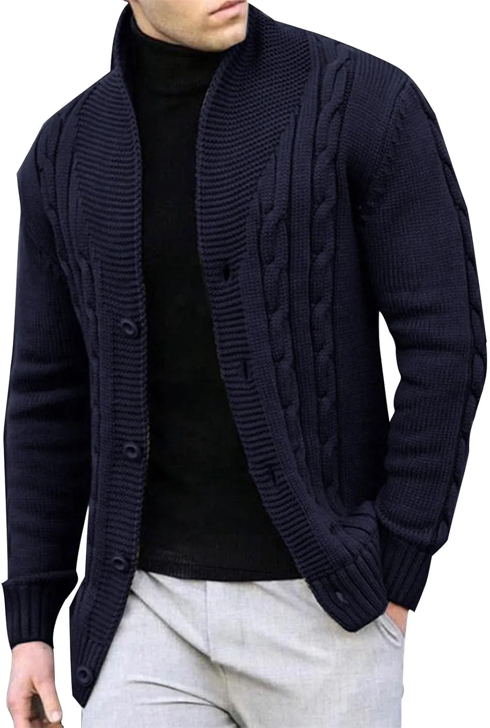 Textured Cardigan Sweaters for Men Button Down Knit Sweater Open Front Cardigan Stand Collar Jacket Thermal Outwear