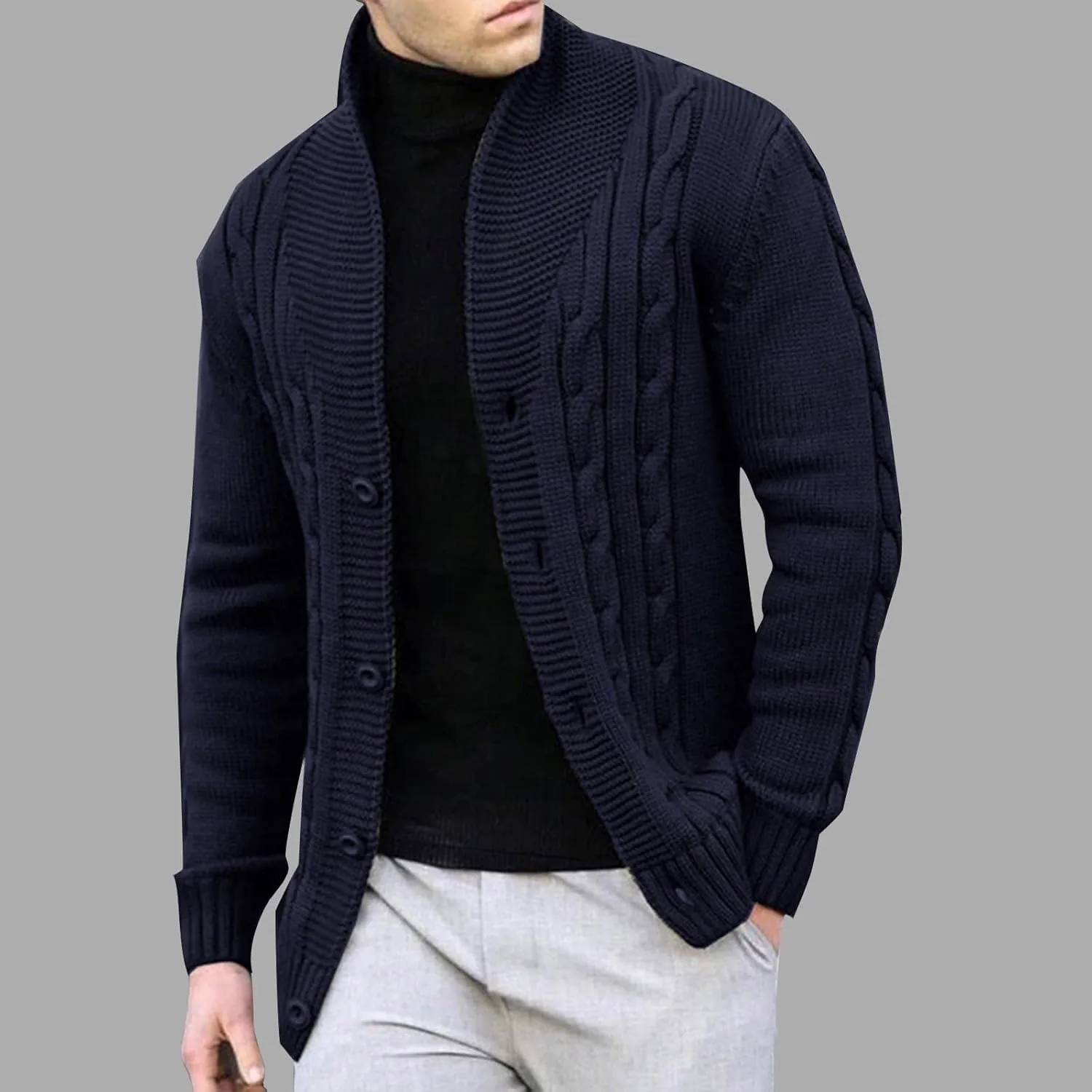 Textured Cardigan Sweaters for Men Button Down Knit Sweater Open Front Cardigan Stand Collar Jacket Thermal Outwear