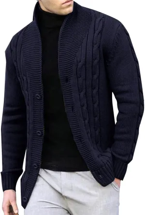 Textured Cardigan Sweaters for Men Button Down Knit Sweater Open Front Cardigan Stand Collar Jacket Thermal Outwear
