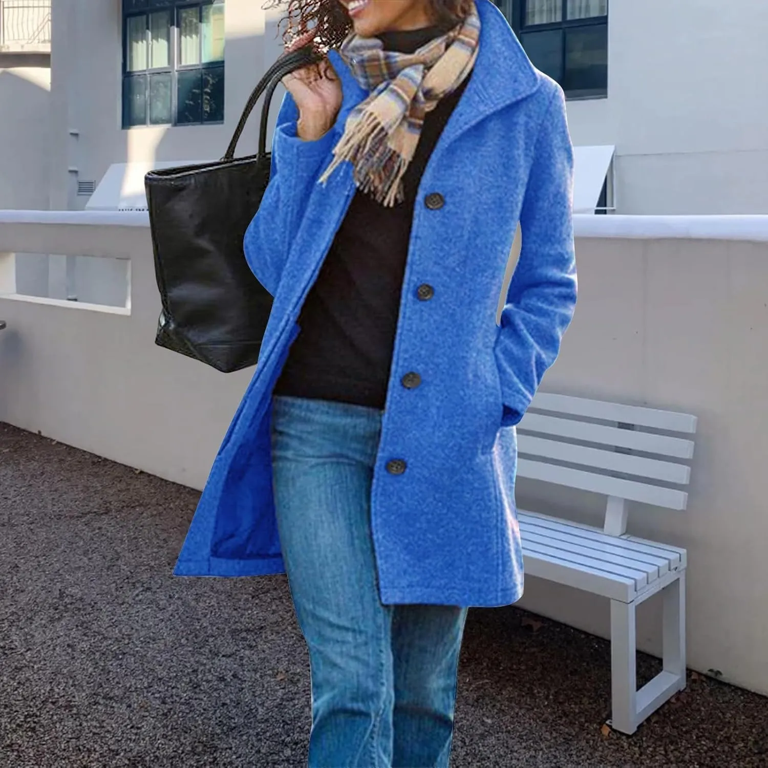 Trench Coat Women Wool Blend Overcoat Casual Single Breasted Pea Coat Stad Collar Jacket Oversized Winter Outwear