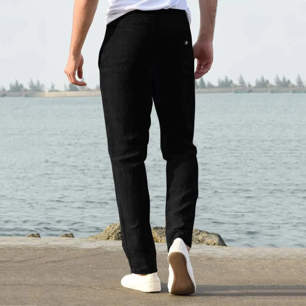tuduoms Men's Slim-Fit Slacks Drawstrintg Linen Capri Pants Casual Straight Fit Tapered Trouser Lightweight Summer Beach Pant