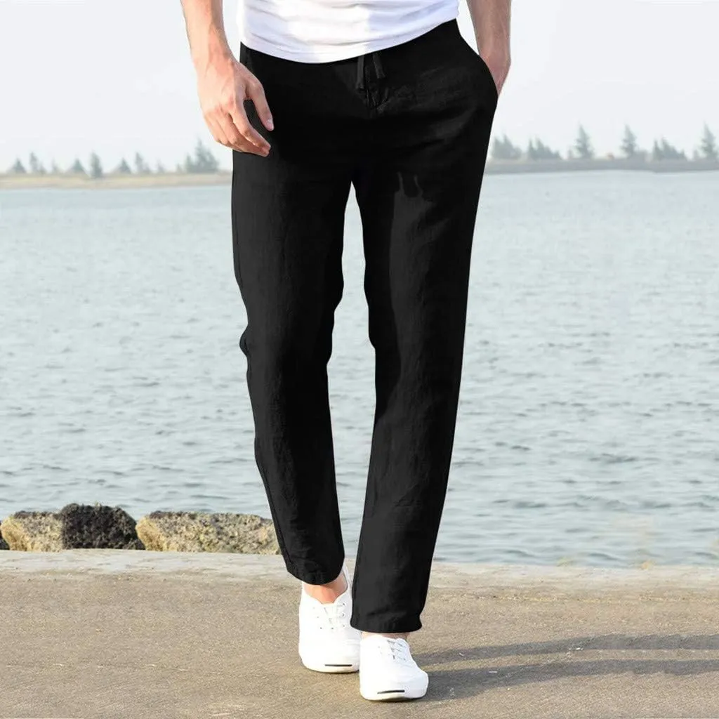 tuduoms Men's Slim-Fit Slacks Drawstrintg Linen Capri Pants Casual Straight Fit Tapered Trouser Lightweight Summer Beach Pant