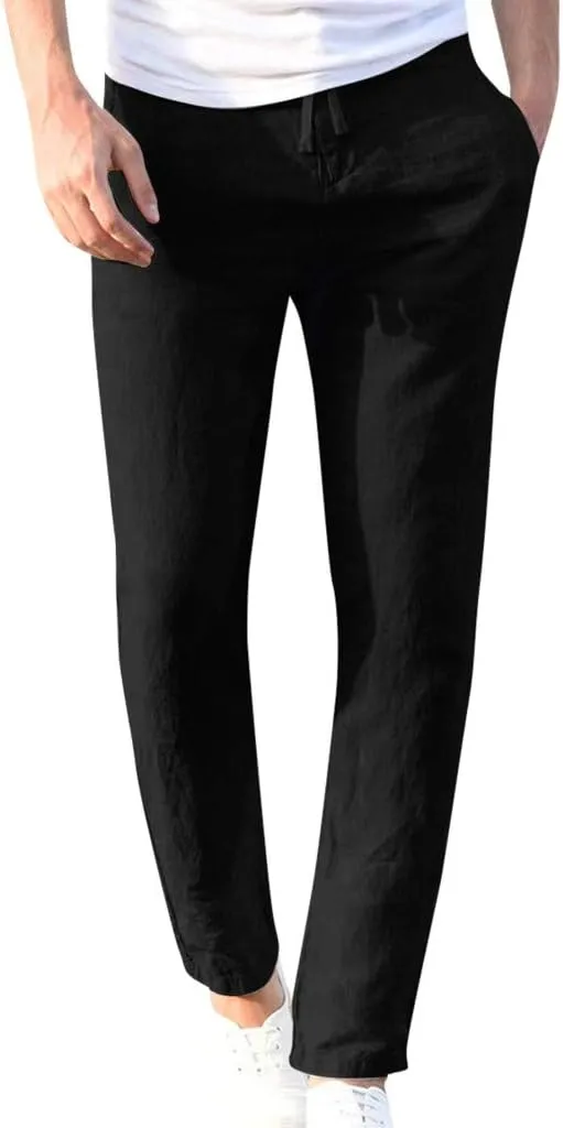 tuduoms Men's Slim-Fit Slacks Drawstrintg Linen Capri Pants Casual Straight Fit Tapered Trouser Lightweight Summer Beach Pant