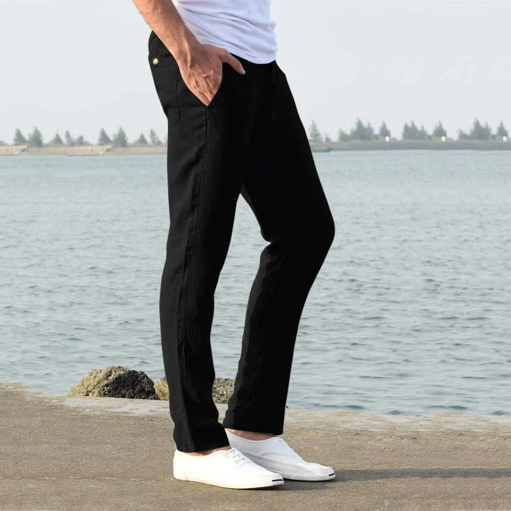 tuduoms Men's Slim-Fit Slacks Drawstrintg Linen Capri Pants Casual Straight Fit Tapered Trouser Lightweight Summer Beach Pant