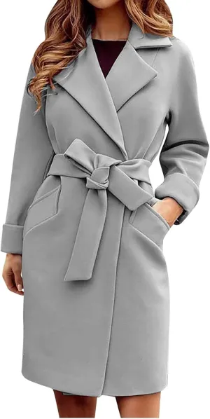 tuduoms Women Wrap Trench Coat Double Breasted Wool Pea Coat Lapel Long Trench Jacket Winter Coat Slim Woolen Jacket Outwear