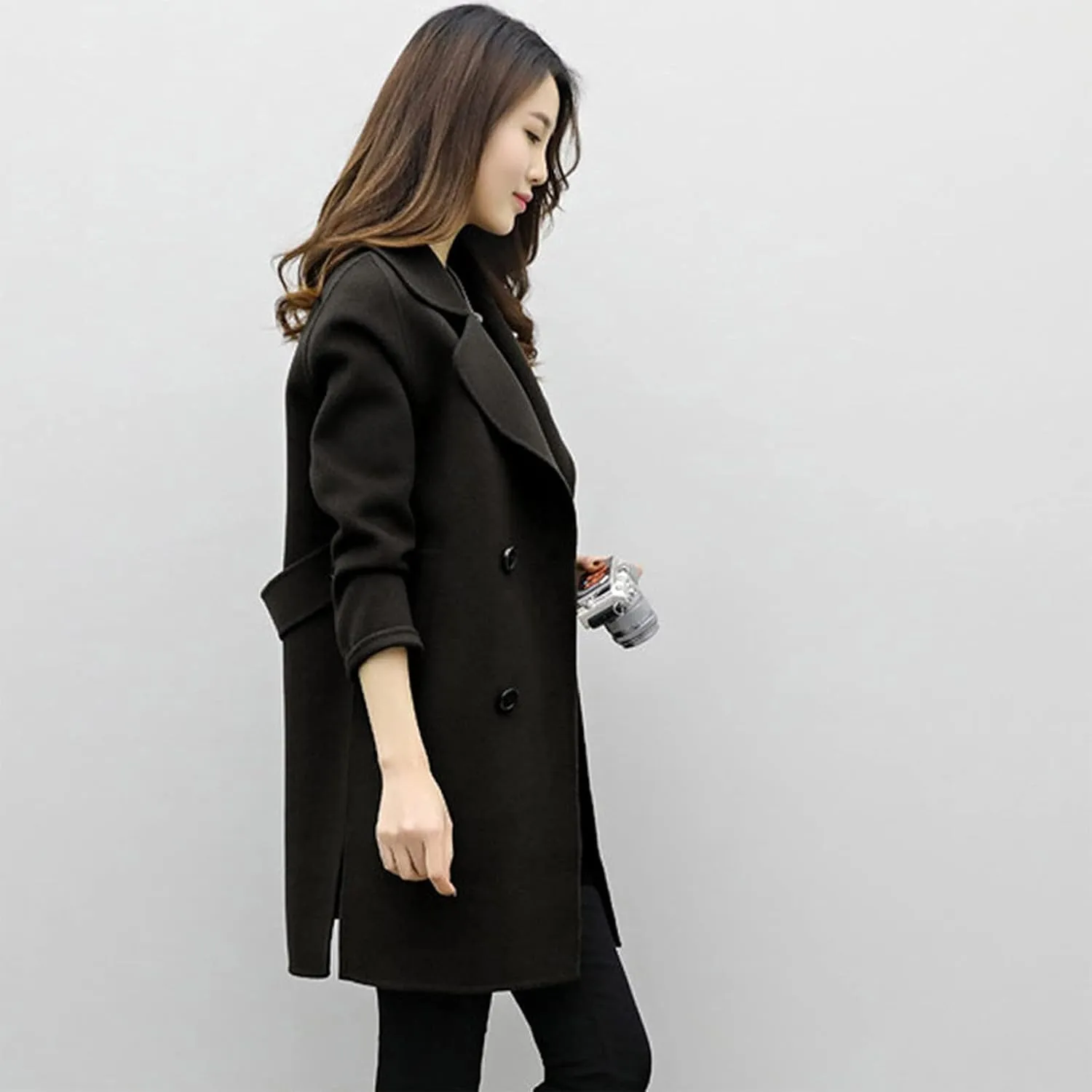tuduoms Women's Notched Lapel Collar Double Breasted Pea Coat Ladies Winter Wool Blend Trench Coats Slim Long Blazer Jackets