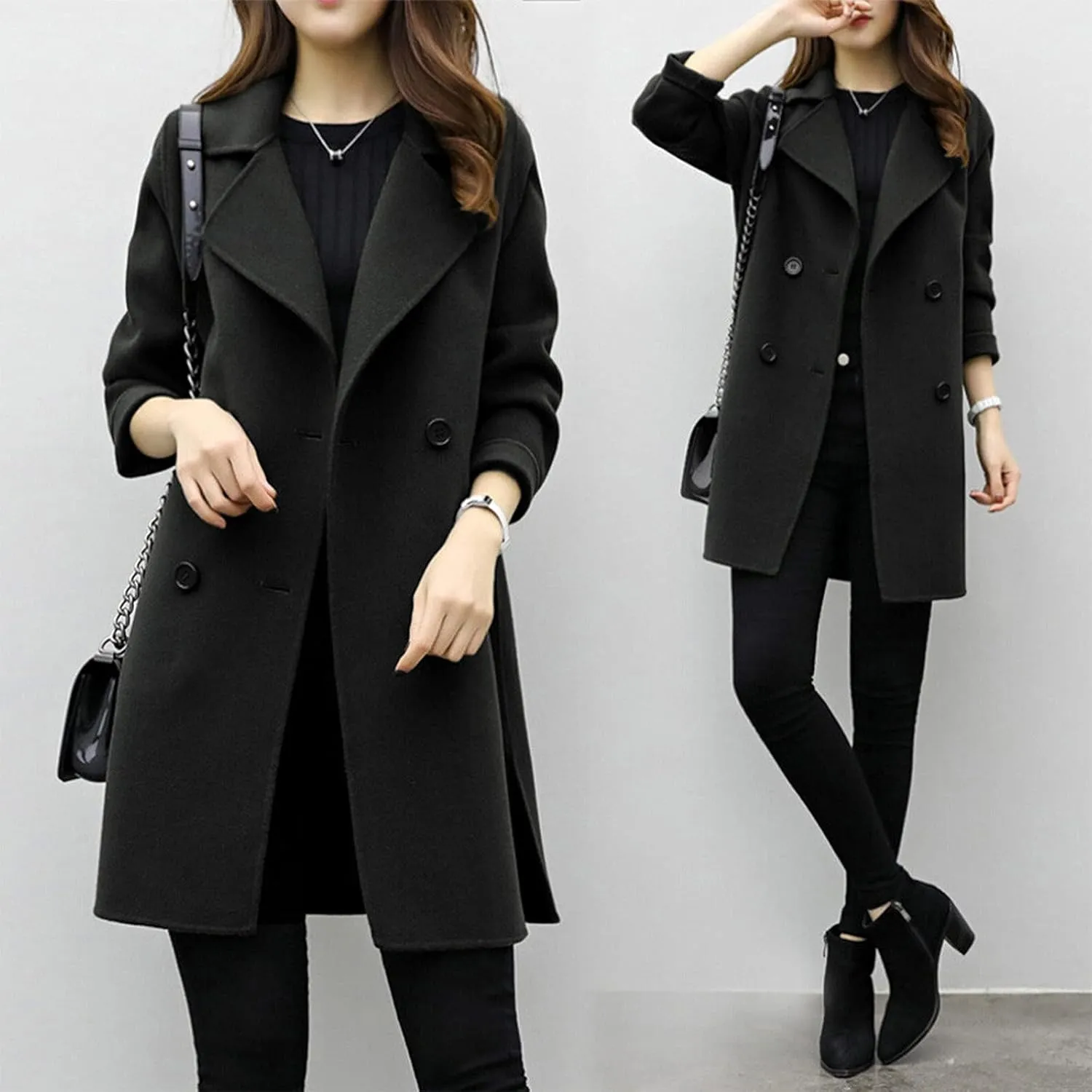 tuduoms Women's Notched Lapel Collar Double Breasted Pea Coat Ladies Winter Wool Blend Trench Coats Slim Long Blazer Jackets