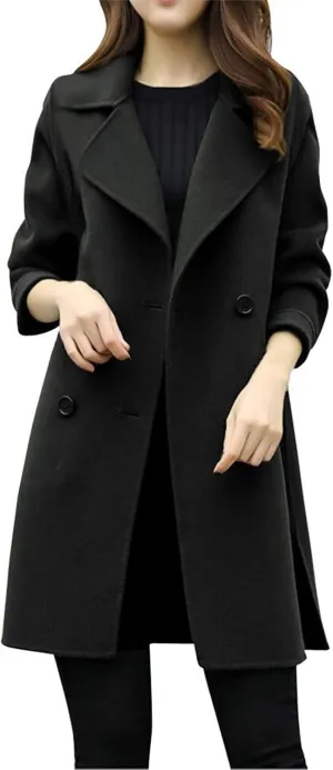 tuduoms Women's Notched Lapel Collar Double Breasted Pea Coat Ladies Winter Wool Blend Trench Coats Slim Long Blazer Jackets