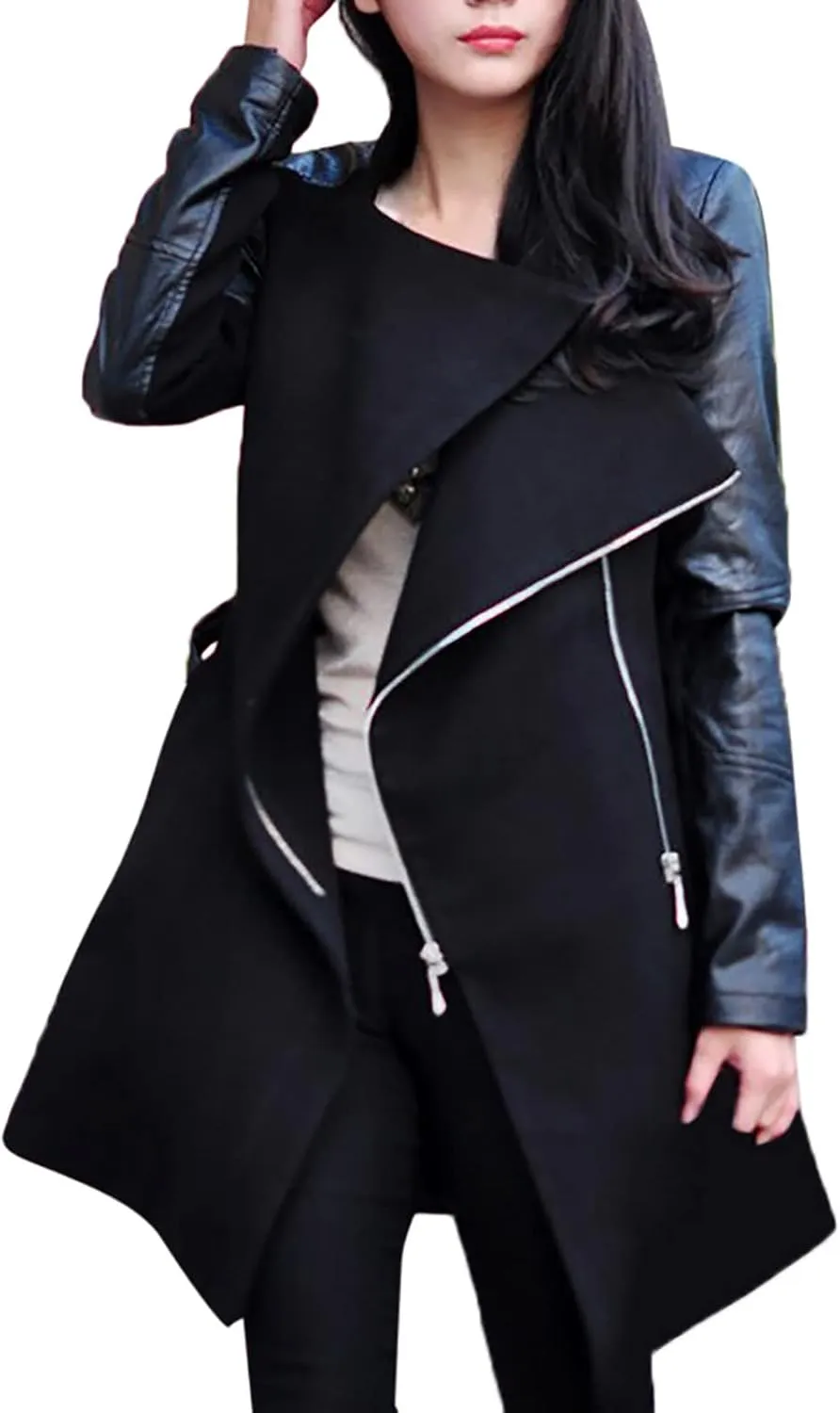 tuduoms Womens Trench Coat Faux Leather Pu Coat Patchwork Splice Lapel Panel Woolen Trench Jacket Cardigan Pea Coat Overcoat