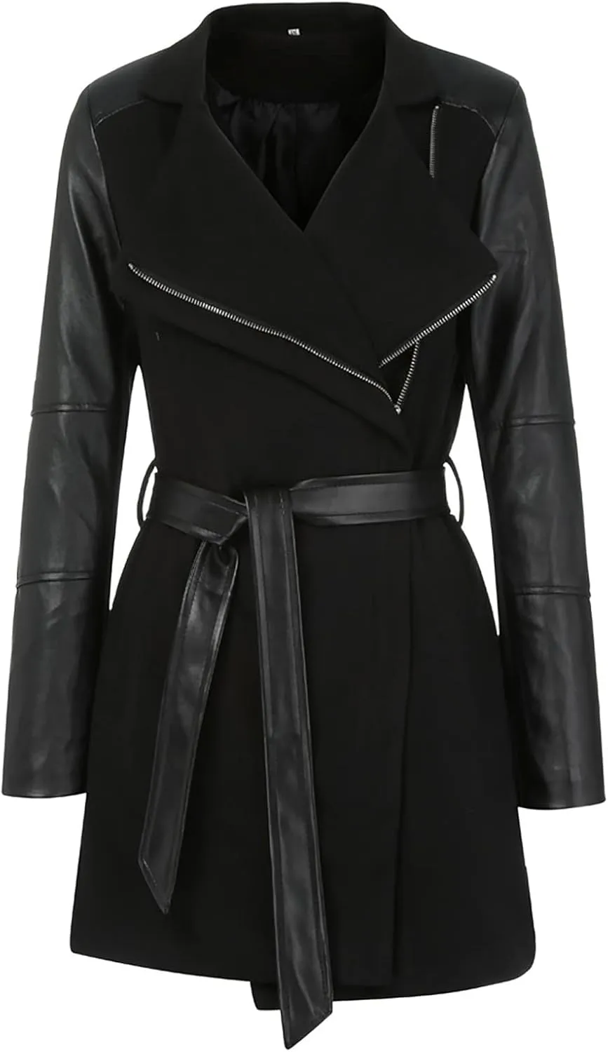 tuduoms Womens Trench Coat Faux Leather Pu Coat Patchwork Splice Lapel Panel Woolen Trench Jacket Cardigan Pea Coat Overcoat